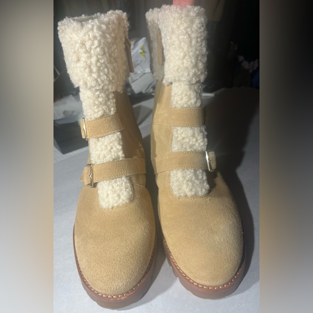 TALBOTS TISH Ankle Boot Buckle Sherpa Trim  Beige  Zip Up Sz 8.5 Suede Leather